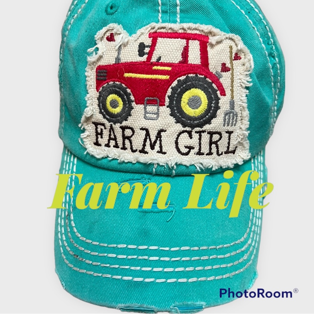 📌 4/$20 Baseball hat in teal with tractor and Farm Girl text